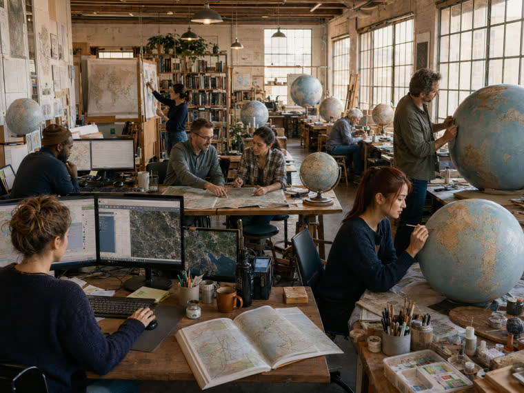 A cartography studio: wall maps, globes and mapping screens.