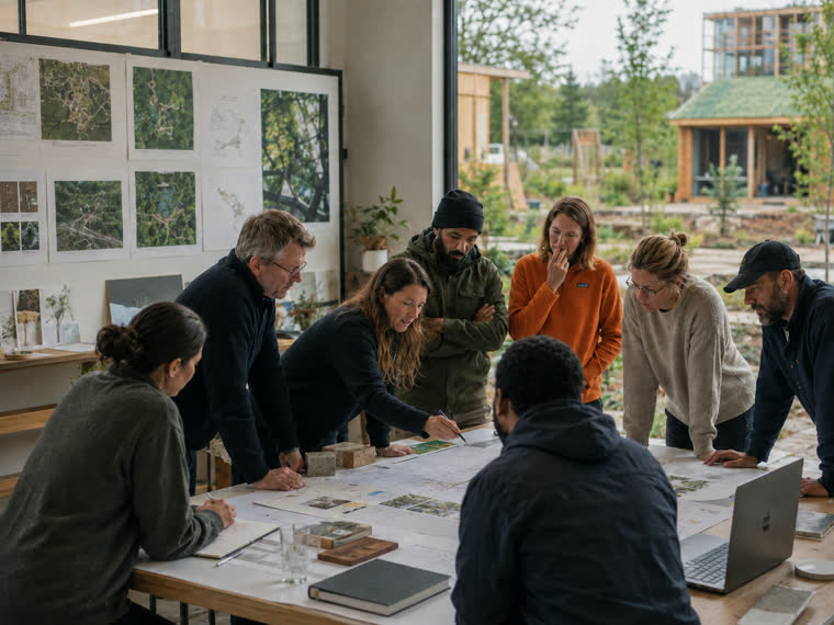 A working session around a table of maps and plans.