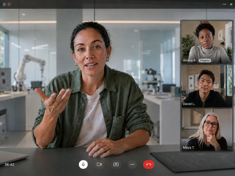 A CHNGMKR-arranged video call: a changemaker talking with three participants.